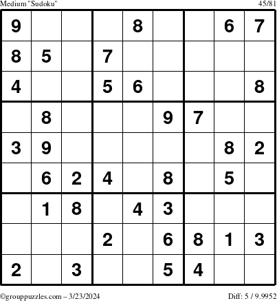 The grouppuzzles.com Medium Sudoku puzzle for Saturday March 23, 2024