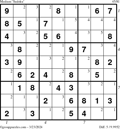 The grouppuzzles.com Medium Sudoku puzzle for Saturday March 23, 2024 with all 5 steps marked