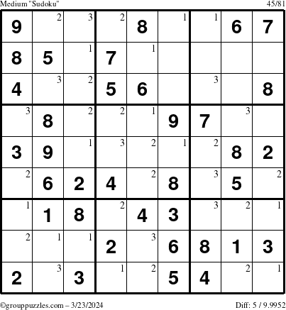 The grouppuzzles.com Medium Sudoku puzzle for Saturday March 23, 2024 with the first 3 steps marked