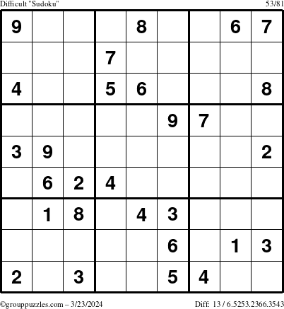 The grouppuzzles.com Difficult Sudoku puzzle for Saturday March 23, 2024