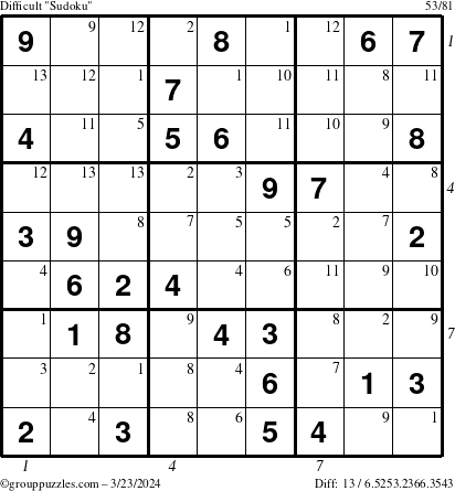 The grouppuzzles.com Difficult Sudoku puzzle for Saturday March 23, 2024 with all 13 steps marked