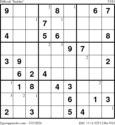 The grouppuzzles.com Difficult Sudoku puzzle for Saturday March 23, 2024 with the first 3 steps marked