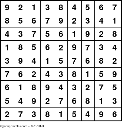 The grouppuzzles.com Answer grid for the Sudoku puzzle for Saturday March 23, 2024
