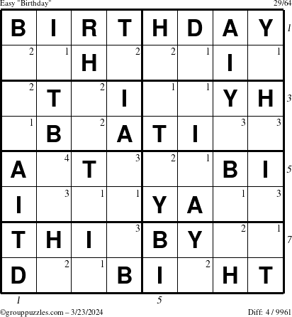 The grouppuzzles.com Easy Birthday puzzle for Saturday March 23, 2024 with all 4 steps marked