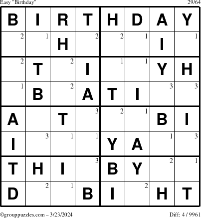 The grouppuzzles.com Easy Birthday puzzle for Saturday March 23, 2024 with the first 3 steps marked
