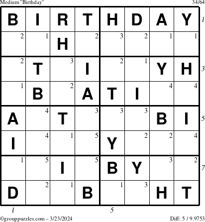 The grouppuzzles.com Medium Birthday puzzle for Saturday March 23, 2024 with all 5 steps marked