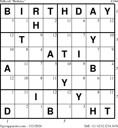 The grouppuzzles.com Difficult Birthday puzzle for Saturday March 23, 2024 with all 12 steps marked