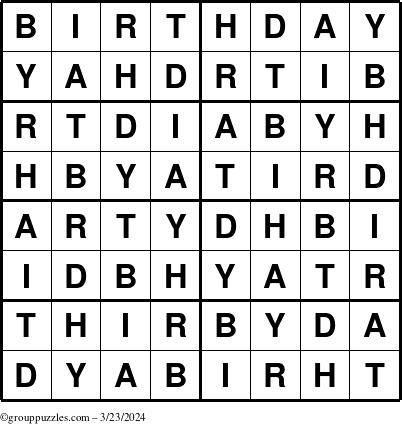 The grouppuzzles.com Answer grid for the Birthday puzzle for Saturday March 23, 2024