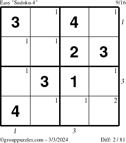 The grouppuzzles.com Easy Sudoku-4 puzzle for Sunday March 3, 2024 with all 2 steps marked
