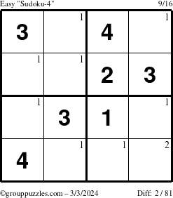 The grouppuzzles.com Easy Sudoku-4 puzzle for Sunday March 3, 2024 with the first 2 steps marked