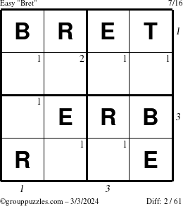 The grouppuzzles.com Easy Bret puzzle for Sunday March 3, 2024 with all 2 steps marked