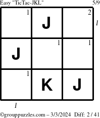 The grouppuzzles.com Easy TicTac-JKL puzzle for Sunday March 3, 2024 with all 2 steps marked