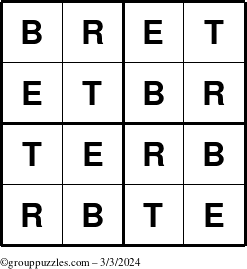 The grouppuzzles.com Answer grid for the Bret puzzle for Sunday March 3, 2024
