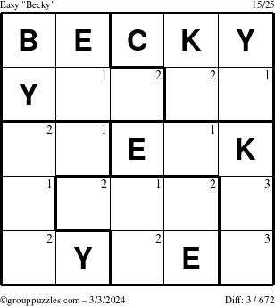 The grouppuzzles.com Easy Becky puzzle for Sunday March 3, 2024 with the first 3 steps marked