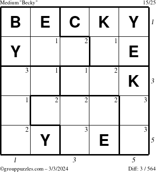 The grouppuzzles.com Medium Becky puzzle for Sunday March 3, 2024 with all 3 steps marked
