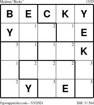 The grouppuzzles.com Medium Becky puzzle for Sunday March 3, 2024 with the first 3 steps marked