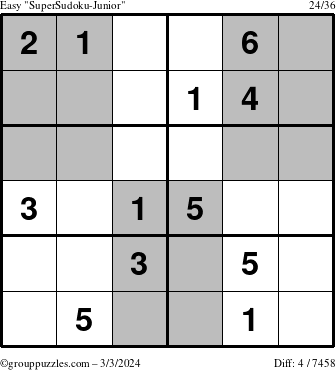 The grouppuzzles.com Easy SuperSudoku-Junior puzzle for Sunday March 3, 2024