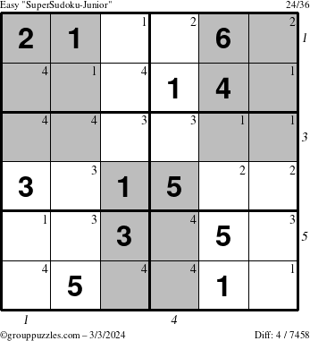 The grouppuzzles.com Easy SuperSudoku-Junior puzzle for Sunday March 3, 2024 with all 4 steps marked