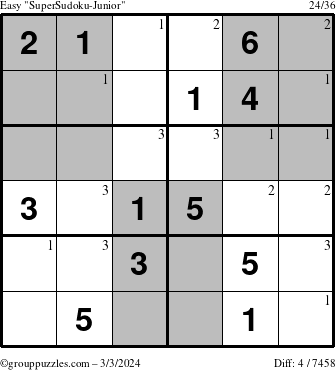 The grouppuzzles.com Easy SuperSudoku-Junior puzzle for Sunday March 3, 2024 with the first 3 steps marked