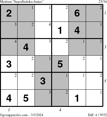 The grouppuzzles.com Medium SuperSudoku-Junior puzzle for Sunday March 3, 2024 with all 4 steps marked