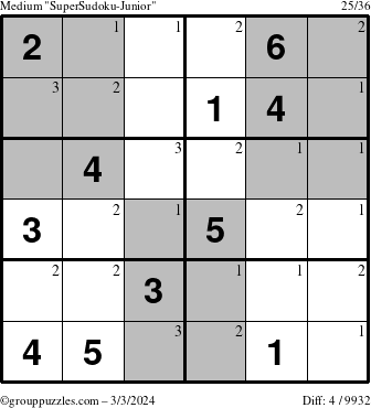The grouppuzzles.com Medium SuperSudoku-Junior puzzle for Sunday March 3, 2024 with the first 3 steps marked