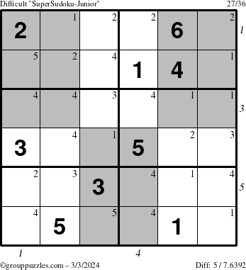 The grouppuzzles.com Difficult SuperSudoku-Junior puzzle for Sunday March 3, 2024 with all 5 steps marked