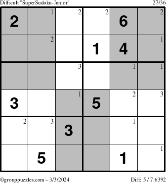 The grouppuzzles.com Difficult SuperSudoku-Junior puzzle for Sunday March 3, 2024 with the first 3 steps marked