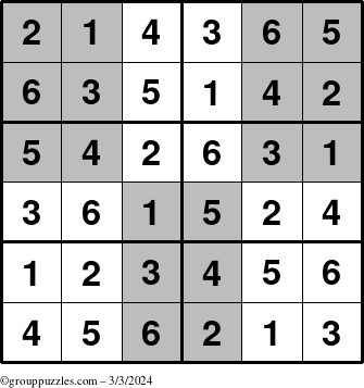 The grouppuzzles.com Answer grid for the SuperSudoku-Junior puzzle for Sunday March 3, 2024