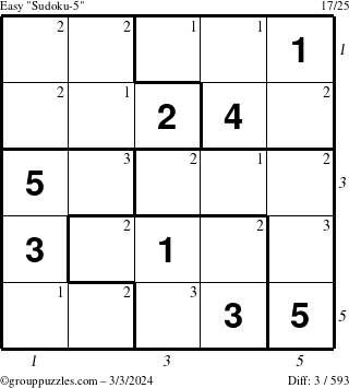 The grouppuzzles.com Easy Sudoku-5 puzzle for Sunday March 3, 2024 with all 3 steps marked