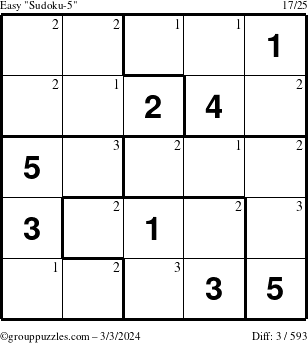 The grouppuzzles.com Easy Sudoku-5 puzzle for Sunday March 3, 2024 with the first 3 steps marked