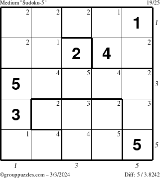 The grouppuzzles.com Medium Sudoku-5 puzzle for Sunday March 3, 2024 with all 5 steps marked