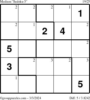The grouppuzzles.com Medium Sudoku-5 puzzle for Sunday March 3, 2024 with the first 3 steps marked