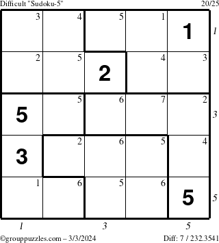 The grouppuzzles.com Difficult Sudoku-5 puzzle for Sunday March 3, 2024 with all 7 steps marked