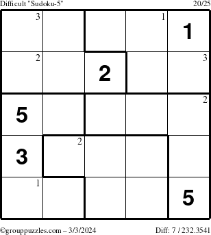 The grouppuzzles.com Difficult Sudoku-5 puzzle for Sunday March 3, 2024 with the first 3 steps marked