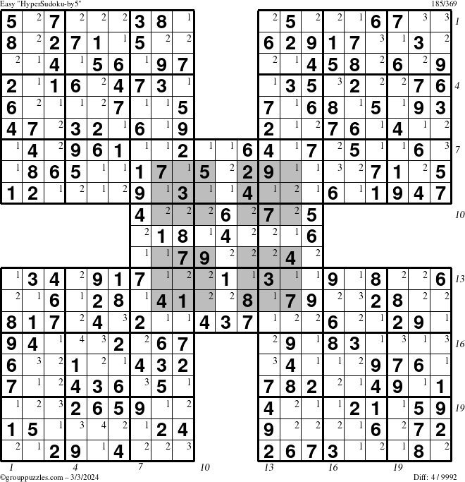 The grouppuzzles.com Easy HyperSudoku-by5 puzzle for Sunday March 3, 2024 with all 4 steps marked