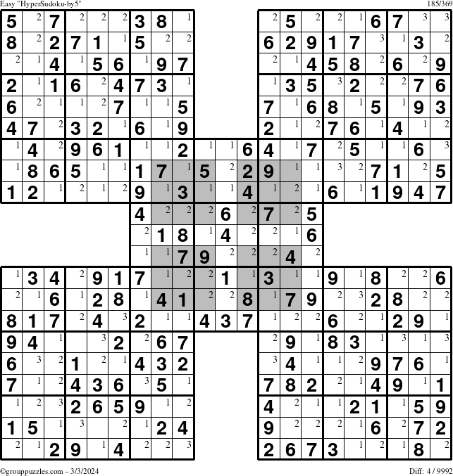 The grouppuzzles.com Easy HyperSudoku-by5 puzzle for Sunday March 3, 2024 with the first 3 steps marked