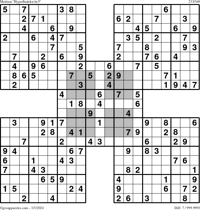 The grouppuzzles.com Medium HyperSudoku-by5 puzzle for Sunday March 3, 2024