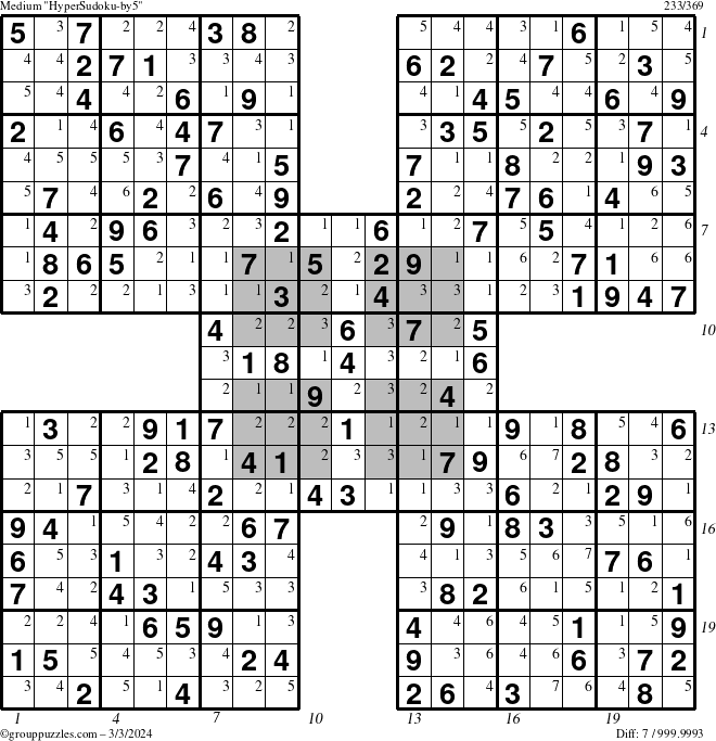 The grouppuzzles.com Medium HyperSudoku-by5 puzzle for Sunday March 3, 2024 with all 7 steps marked