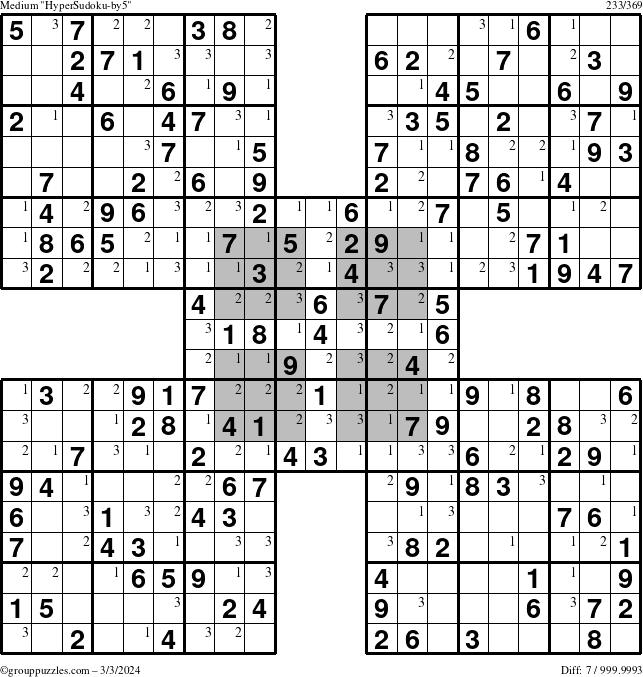 The grouppuzzles.com Medium HyperSudoku-by5 puzzle for Sunday March 3, 2024 with the first 3 steps marked