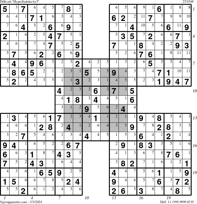 The grouppuzzles.com Difficult HyperSudoku-by5 puzzle for Sunday March 3, 2024 with all 11 steps marked