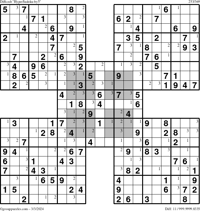 The grouppuzzles.com Difficult HyperSudoku-by5 puzzle for Sunday March 3, 2024 with the first 3 steps marked
