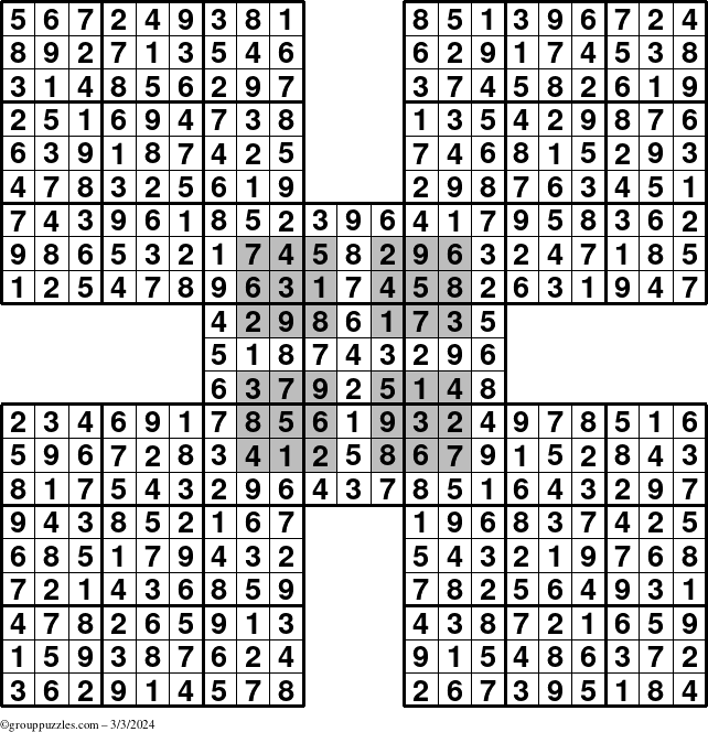 The grouppuzzles.com Answer grid for the HyperSudoku-by5 puzzle for Sunday March 3, 2024