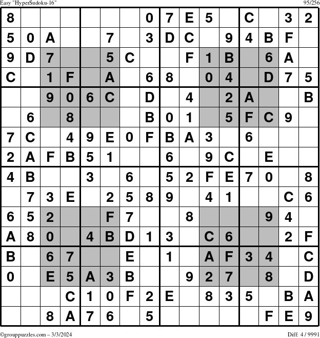The grouppuzzles.com Easy HyperSudoku-16 puzzle for Sunday March 3, 2024