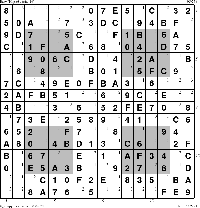 The grouppuzzles.com Easy HyperSudoku-16 puzzle for Sunday March 3, 2024 with all 4 steps marked