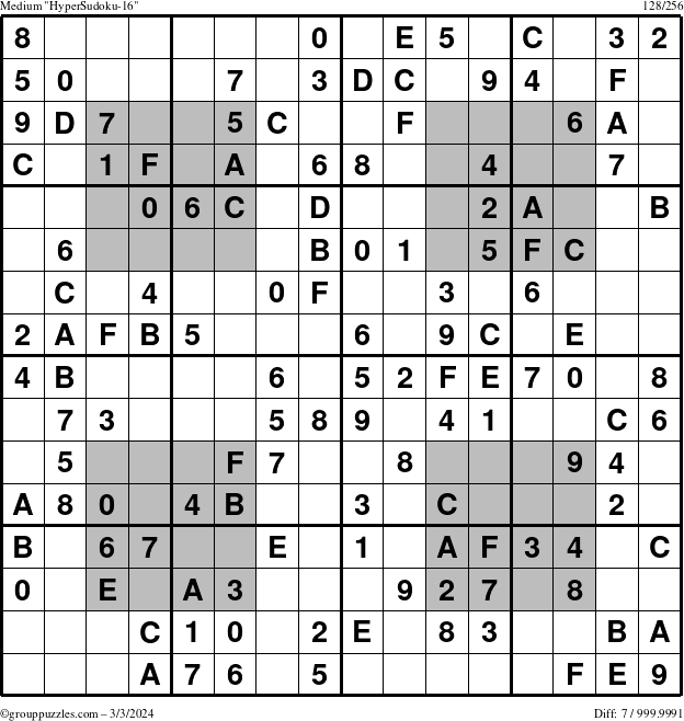The grouppuzzles.com Medium HyperSudoku-16 puzzle for Sunday March 3, 2024