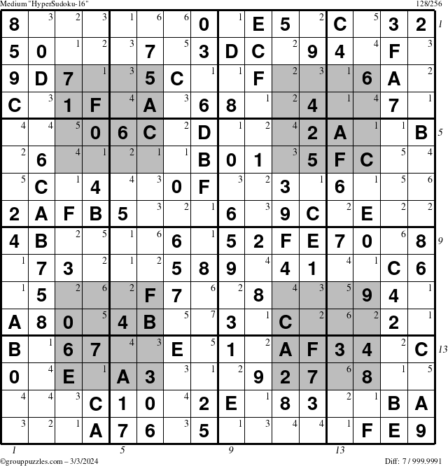The grouppuzzles.com Medium HyperSudoku-16 puzzle for Sunday March 3, 2024 with all 7 steps marked