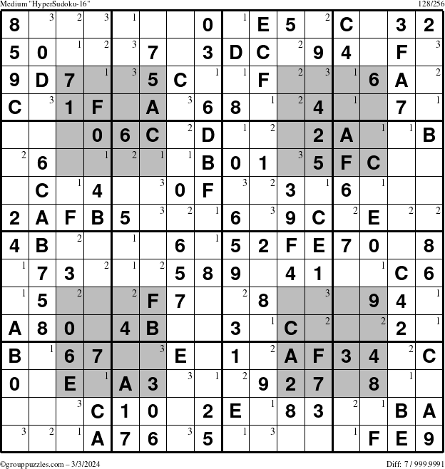 The grouppuzzles.com Medium HyperSudoku-16 puzzle for Sunday March 3, 2024 with the first 3 steps marked