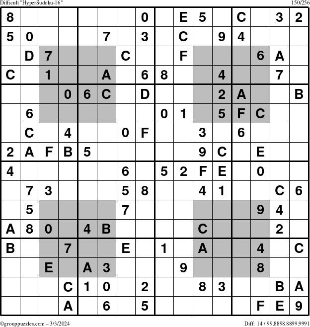 The grouppuzzles.com Difficult HyperSudoku-16 puzzle for Sunday March 3, 2024