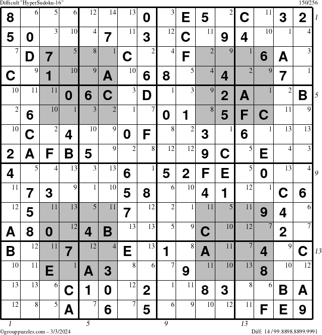 The grouppuzzles.com Difficult HyperSudoku-16 puzzle for Sunday March 3, 2024 with all 14 steps marked