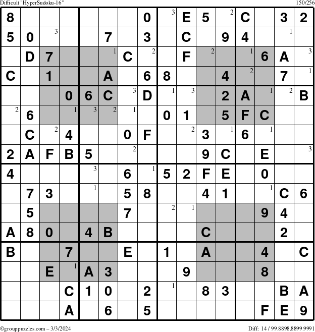 The grouppuzzles.com Difficult HyperSudoku-16 puzzle for Sunday March 3, 2024 with the first 3 steps marked